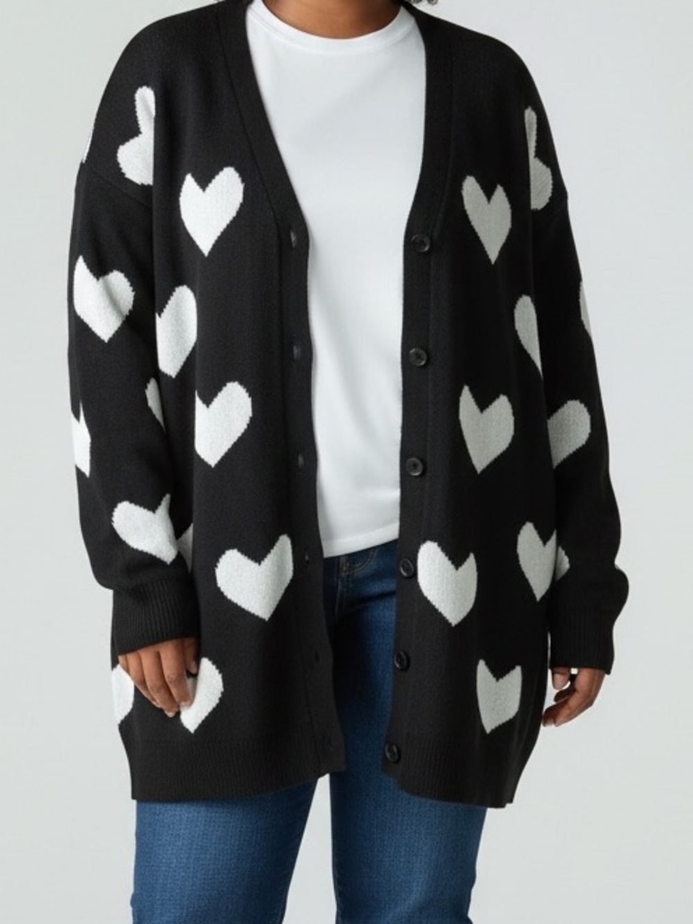 What’s Next Size 2X Black Heart Print Button-Front Cardigan Sweater